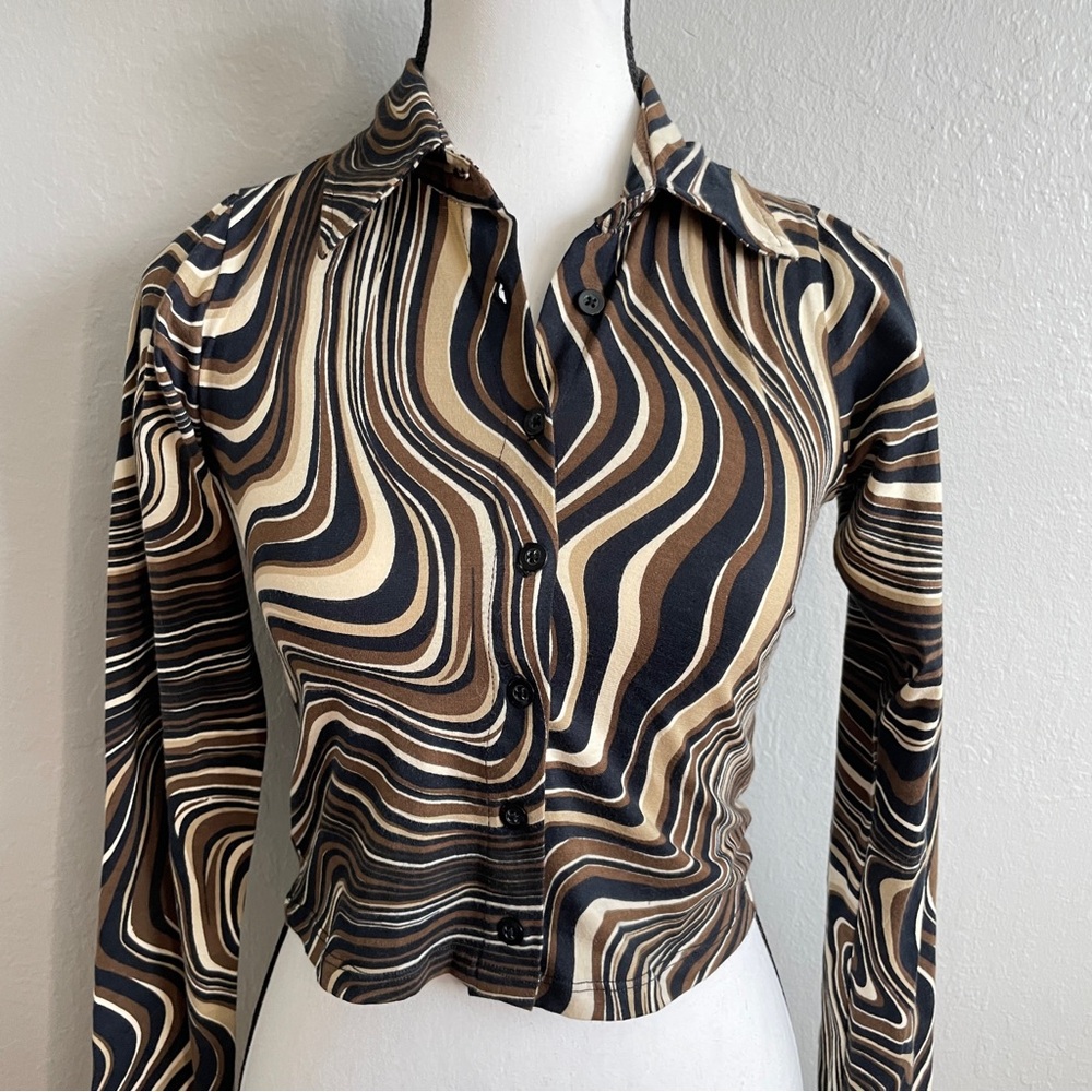 Motel Rocks Black and Brown Swirl Cropped Shirt Y2K 70s style